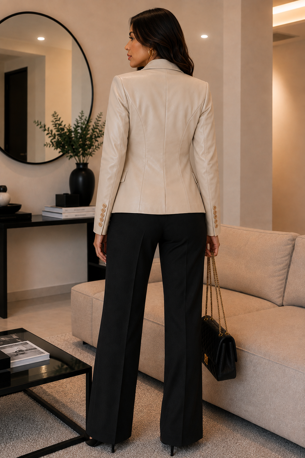 Blazer Odisea en cuero vegano color beige, vista espalda