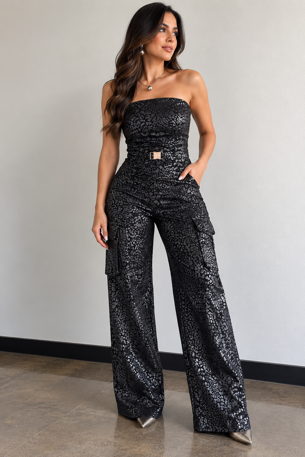 Enterizo animal print en denim stretch, vista frontal