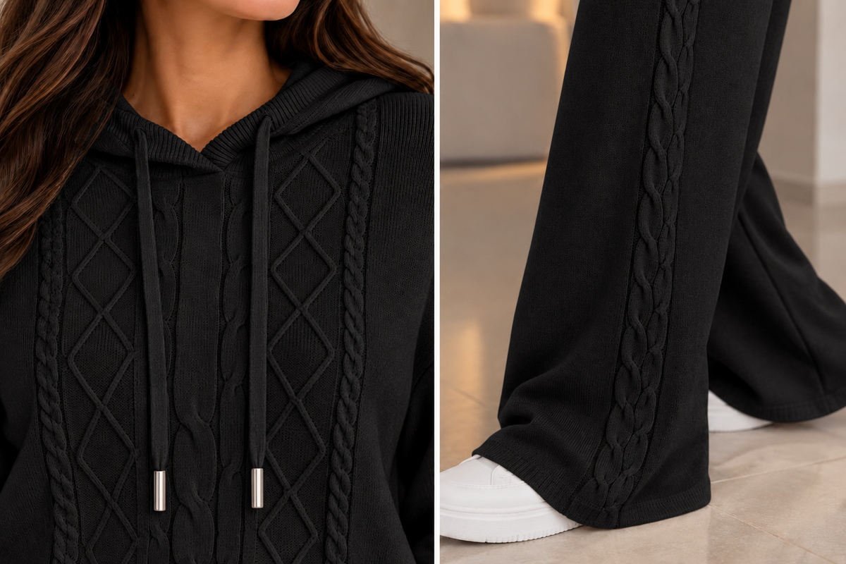 Conjunto Hilo Trenzado Capota Negro, vista detalle, tejido con detalles trenzados