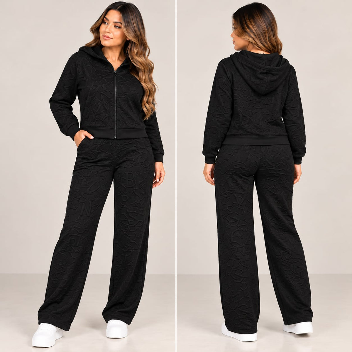 Sello de Poder Chaqueta Negro, conjunto dama, frente-y-espalda